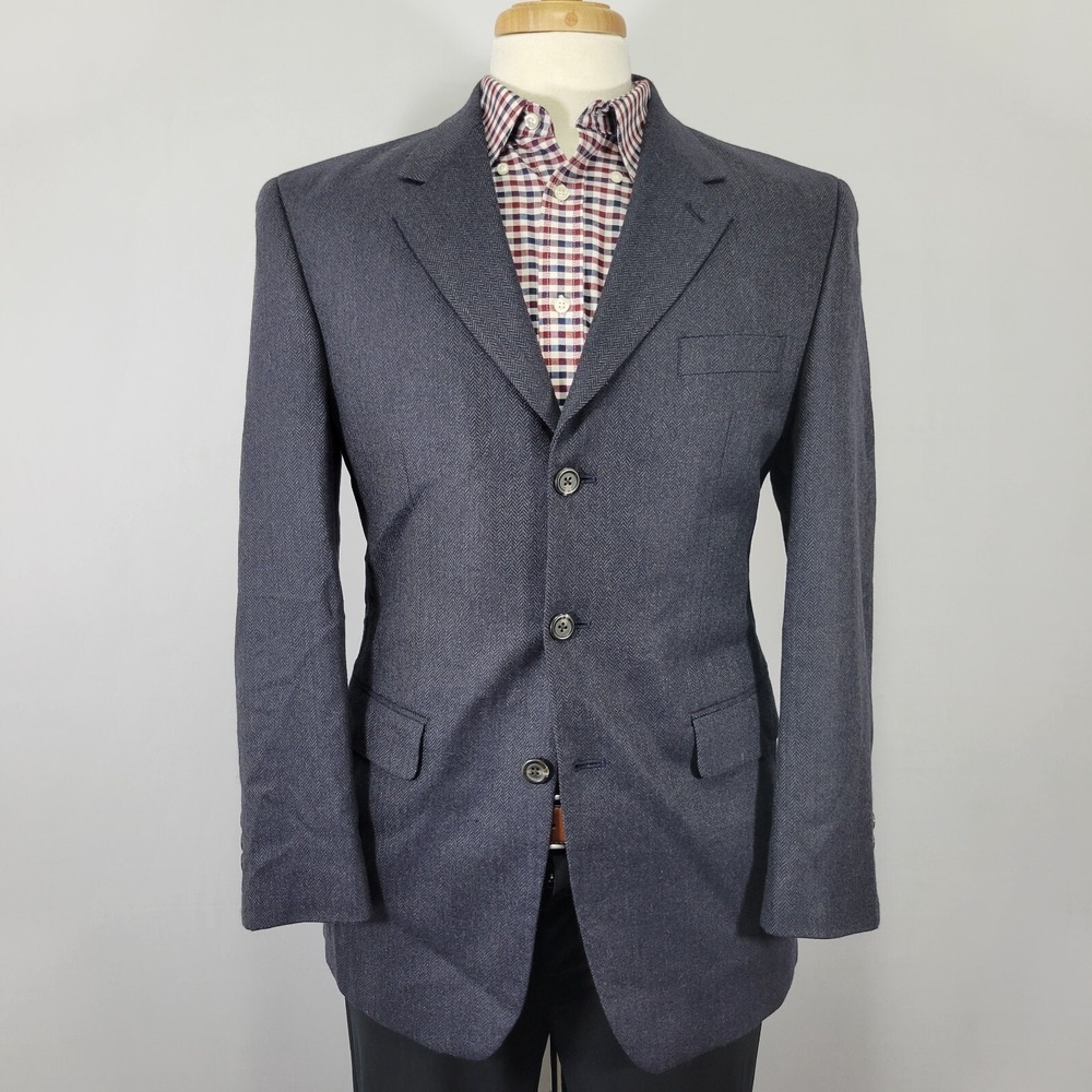 Chaps Men's Sport Coat Blazer Two Button Flannel Herringbone Lambs Wool Navy 38R